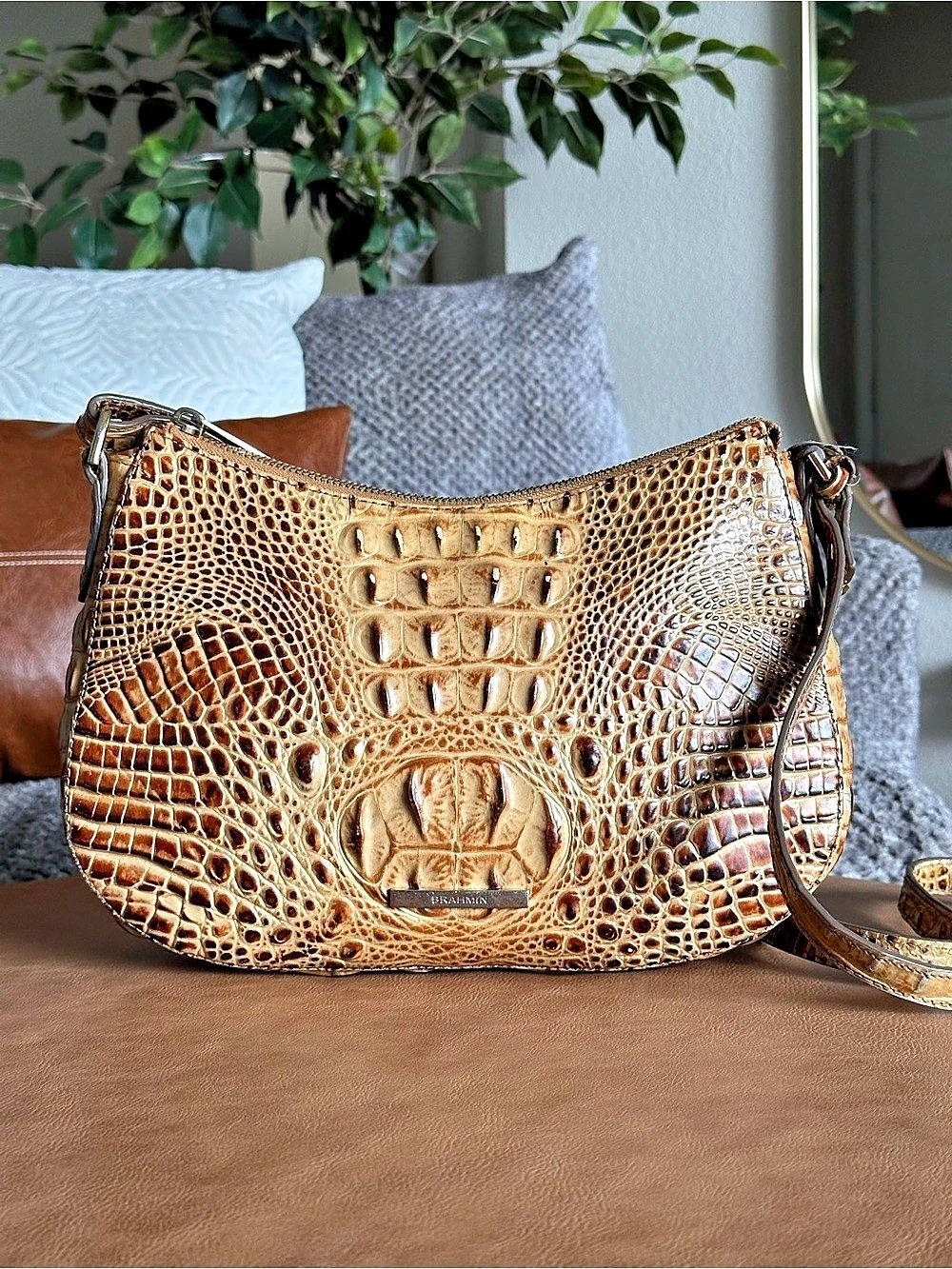 Brahmin Corinne Alden Road Small Croc Embossed Leather Crossbody Bag Tan Brown